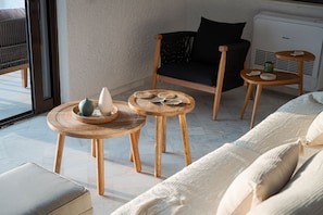 Villa, Sea View | Living room | 50-inch Smart TV with satellite channels, Netflix, streaming services - Sounio Sea Breeze Villa (Lavreotiki)