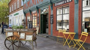 A street-side food cart labeled "Homemade Food Made with Plants" and a nearby building with a sign reading "Terpager & Co."