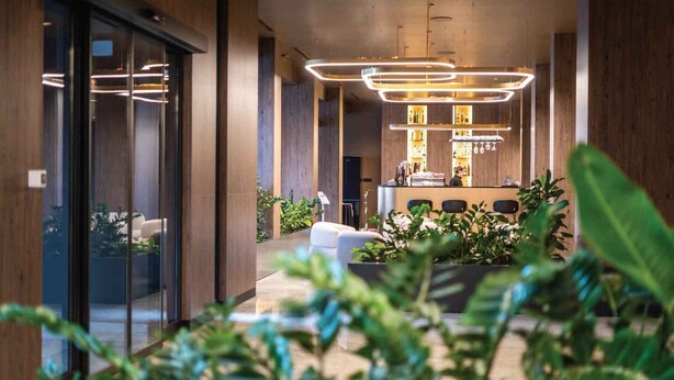 Un intérieur moderne avec un bar, des sièges et des plantes.