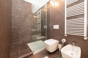 Shower, hair dryer, bidet, towels