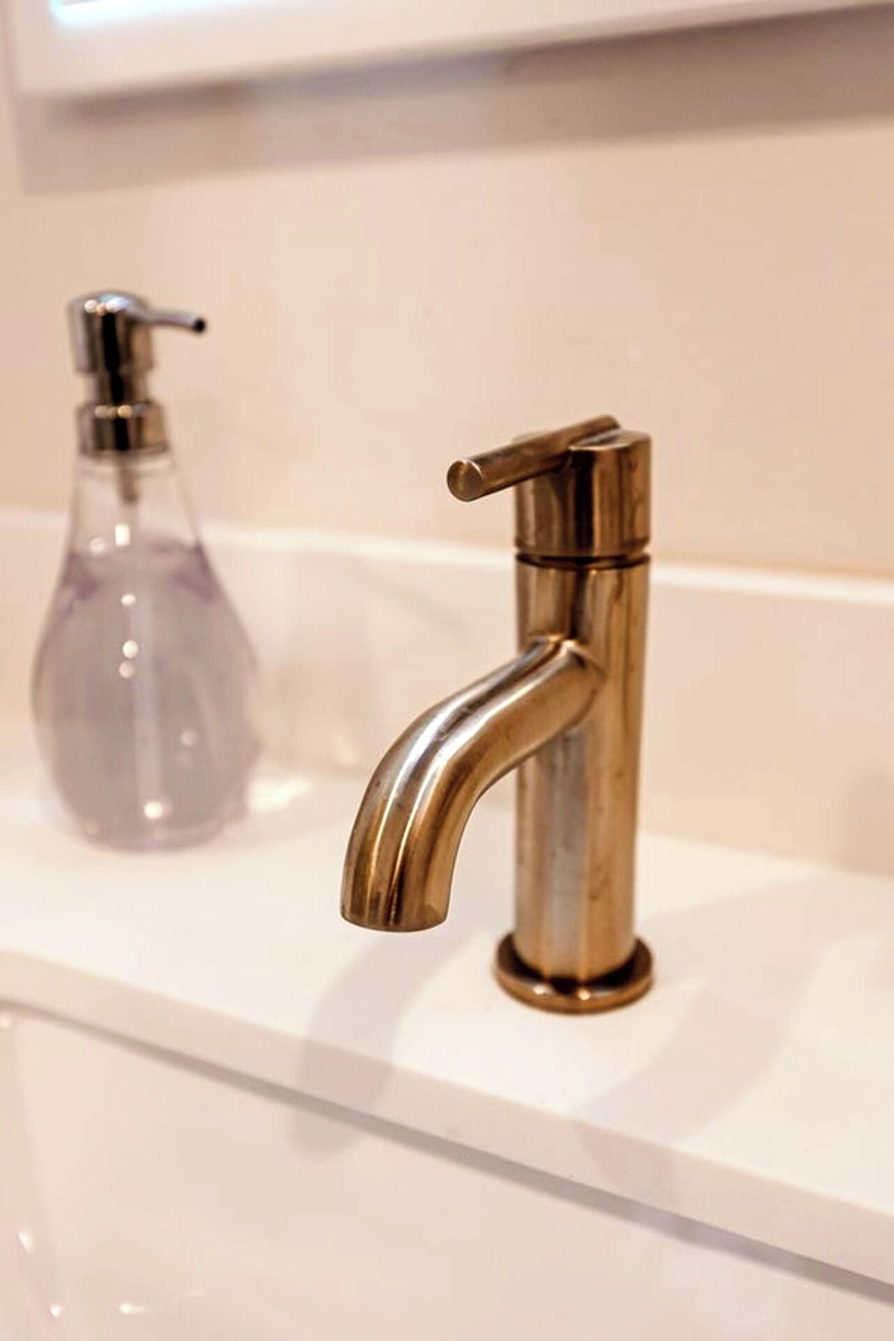 Une salle de bain dotée d’un robinet moderne et d’un distributeur de savon placé sur le comptoir.