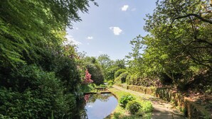 A narrow waterway flanked by lush greenery and a stone pathway. - Nithbank Cottage (Thornhill)