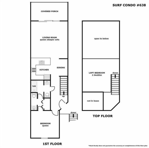 Plano de planta de un porche cubierto, sala de estar con sofá cama queen, cocina, comedor y un dormitorio con cama queen.