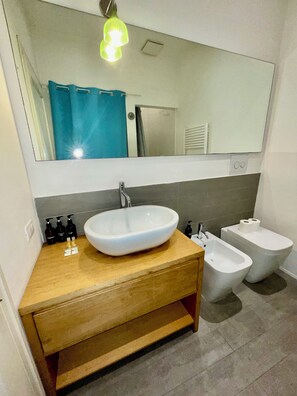 Douche, sèche-cheveux, bidet, serviettes fournies