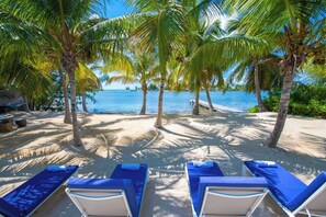 A beach with palm trees, a clear blue sea, and lounge chairs.
