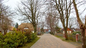 A paved pathway lined with trees and bushes, leading to a row of houses with distinct architectural styles. - Hotel Haus Linden (Ostseebad Prerow)