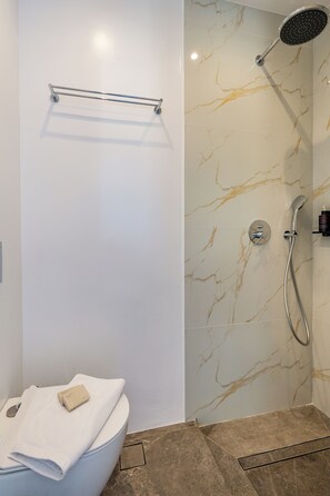 Secadora de cabello, toallas, jabón, papel de baño 