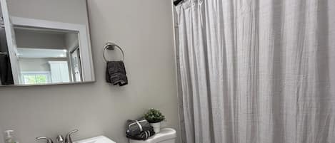 Ein modernes Badezimmer mit einem weißen Waschbecken, einem Spiegel und einer Toilette. Ein Duschvorhang, ein kleiner Topfpflanze und ein Handtuchhalter sind ebenfalls vorhanden.