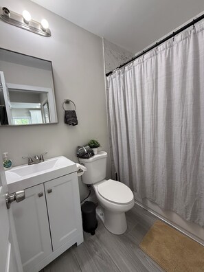 Secador de pelo, toallas, jabón, shampoo