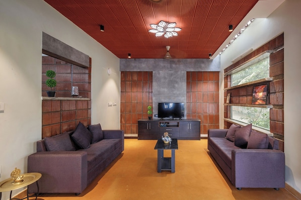 A modern living room with two sofas, a coffee table, and a TV on a wooden cabinet.
