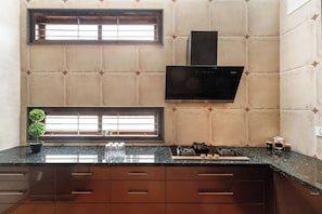 A kitchen with a black countertop, two windows, a black range hood, and a potted plant.