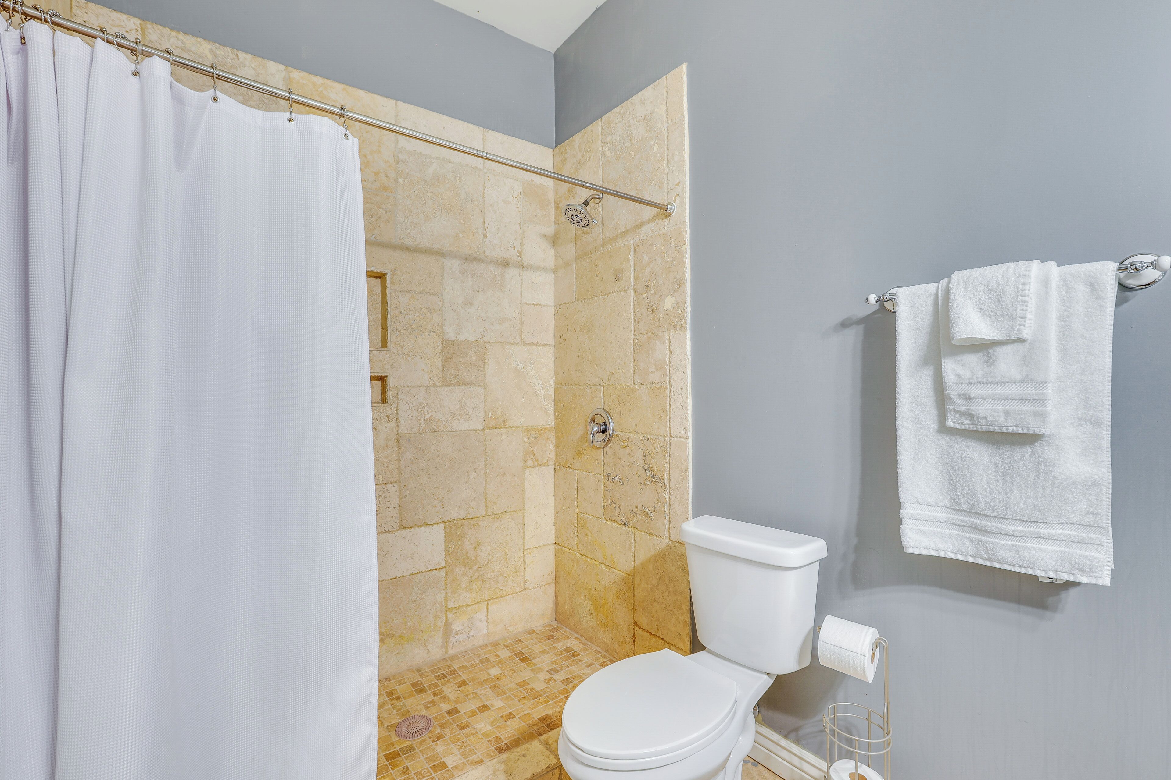 Une salle de bain avec douche, toilettes et porte-serviettes.
