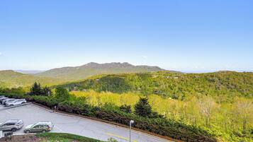 A parking lot with several cars, a road, and a mountainous landscape with trees.