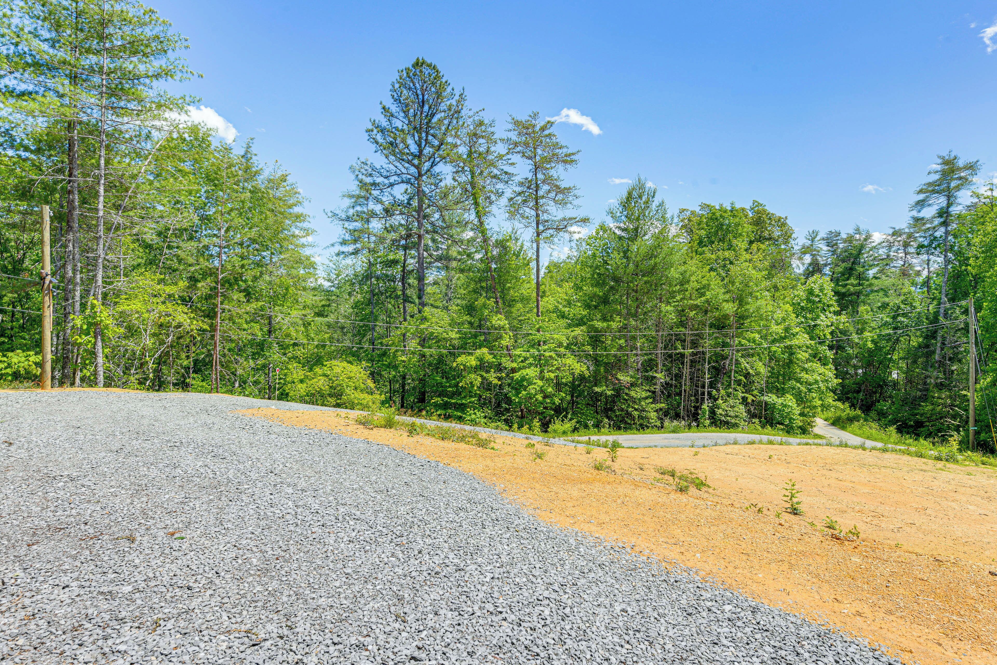 A gravel road curving through a forested area with a clear sky.