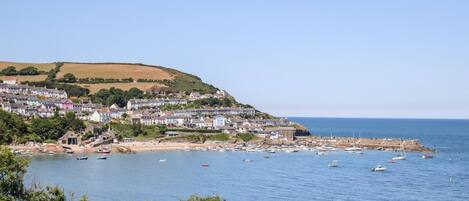 A coastal town with houses on a hillside, a marina with boats, and a clear blue sky.