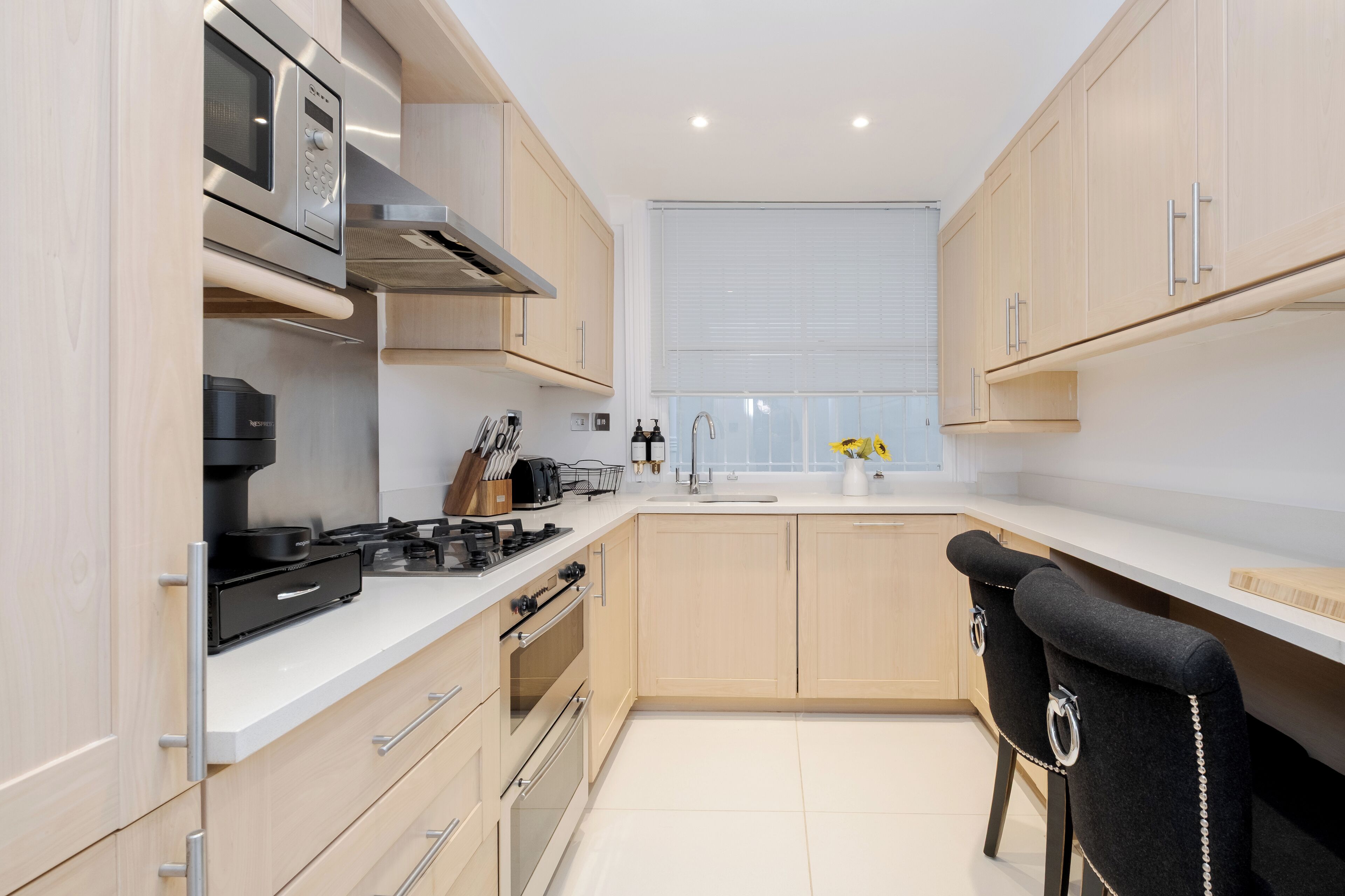 Luxury Apartment | Private kitchen | Full-size fridge, microwave, oven, stovetop