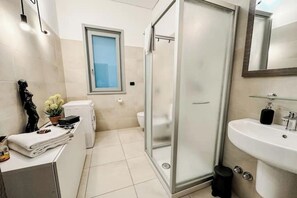 Shower, hair dryer, bidet, towels