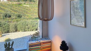 Une pièce avec une grande fenêtre, un meuble en bois, un cactus et une pile de livres.