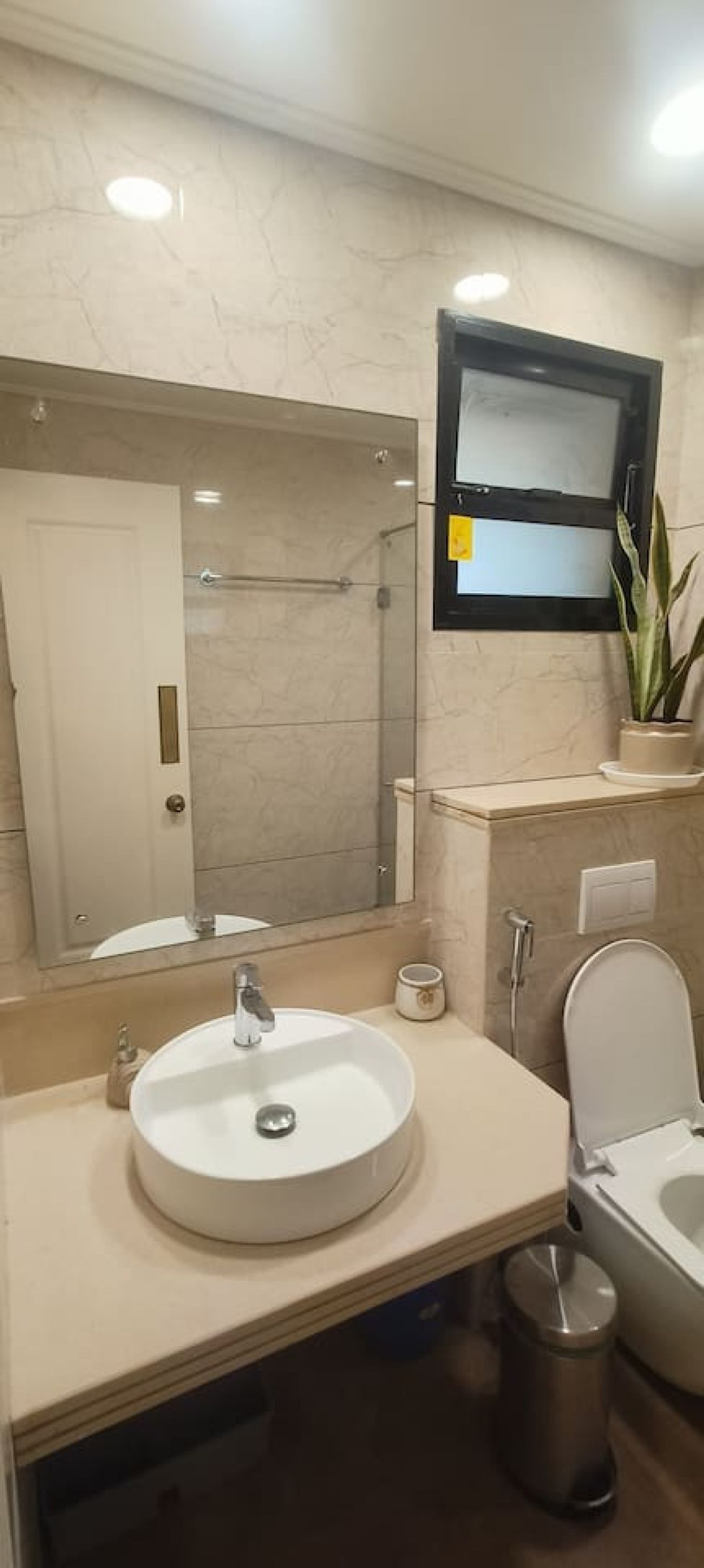 A bathroom with a sink, mirror, toilet, and a potted plant.