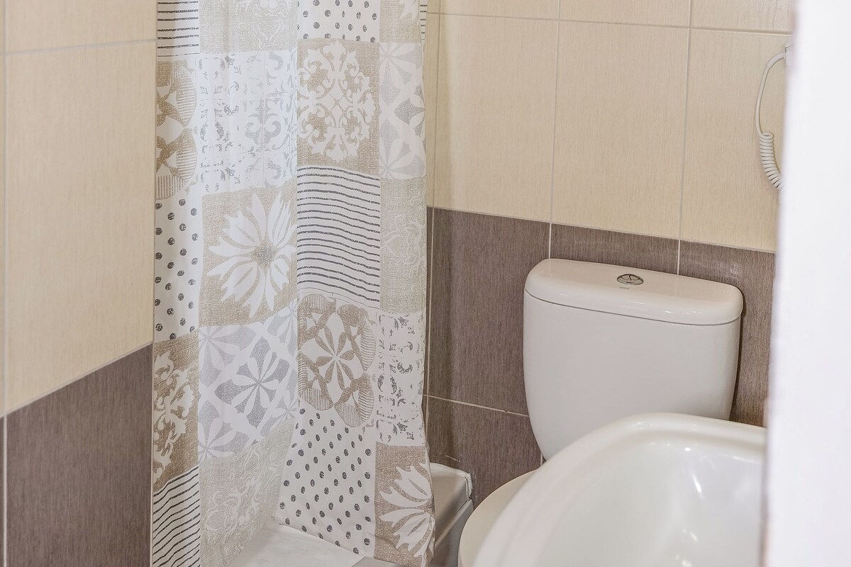 A bathroom with a shower curtain, a toilet, and a bidet.