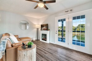 Smart TV, fireplace, foosball