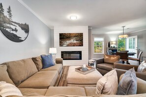 Smart TV, fireplace, foosball