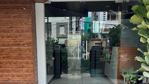 Ein moderner Hauseingang mit Glastür, einer Holzwand links und Kübelpflanzen rechts.