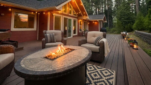 Terraza con chimenea, mobiliario de mimbre y vista a un área boscosa.
