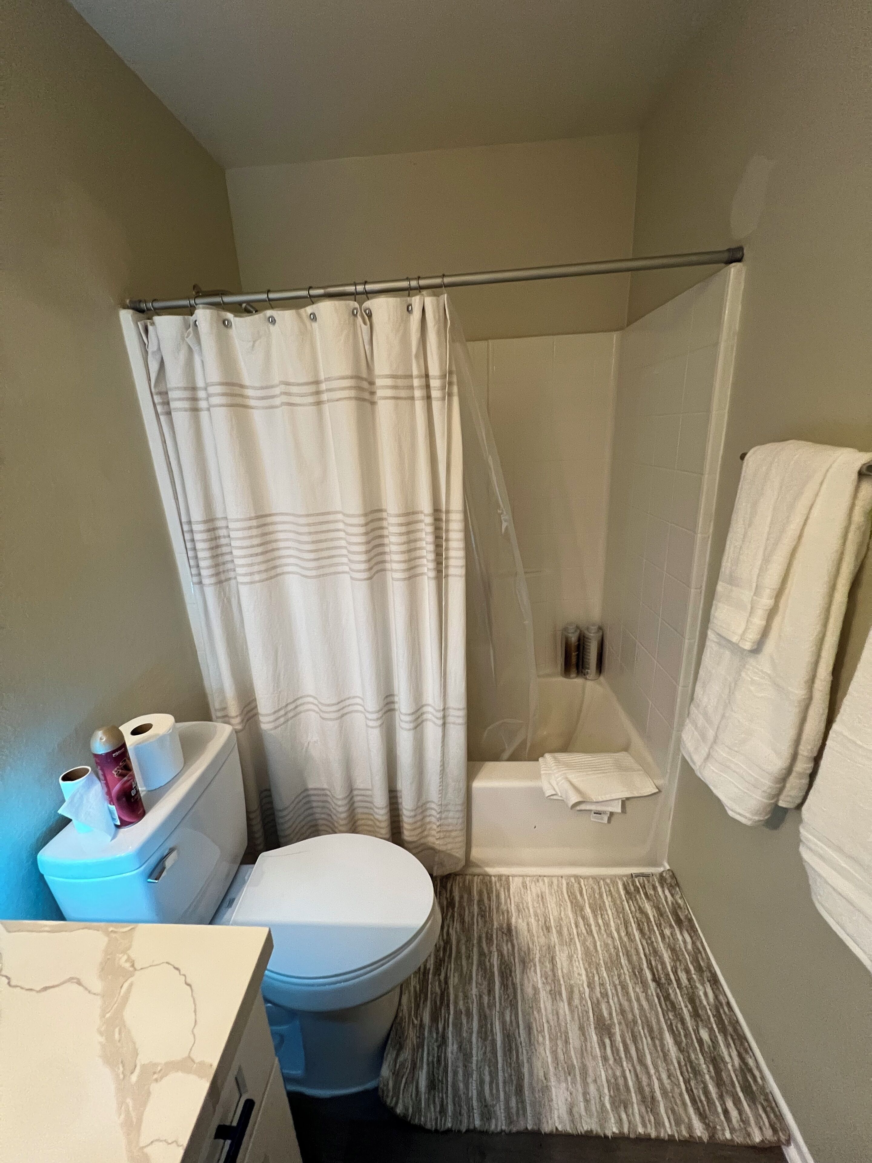 Bañera de hidromasaje, toallas, jabón y papel higiénico