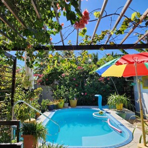 Alberca al aire libre, sombrillas en la alberca y camastros