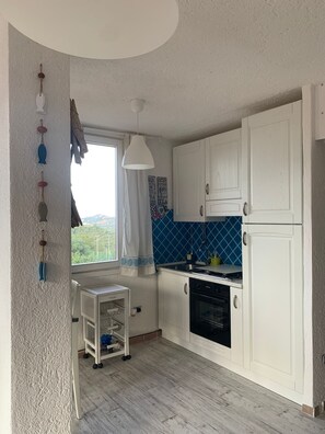 Een koelkast, een oven, een kookplaat, een koffiezetapparaat/waterkoker