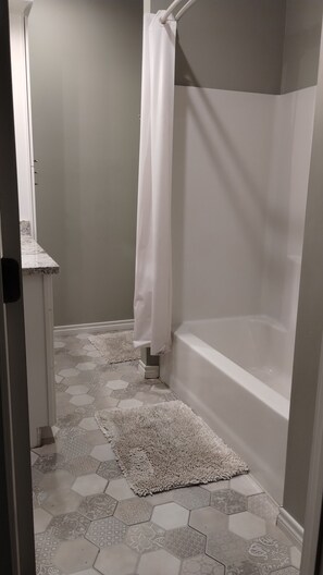 Hair dryer, towels, soap, toilet paper