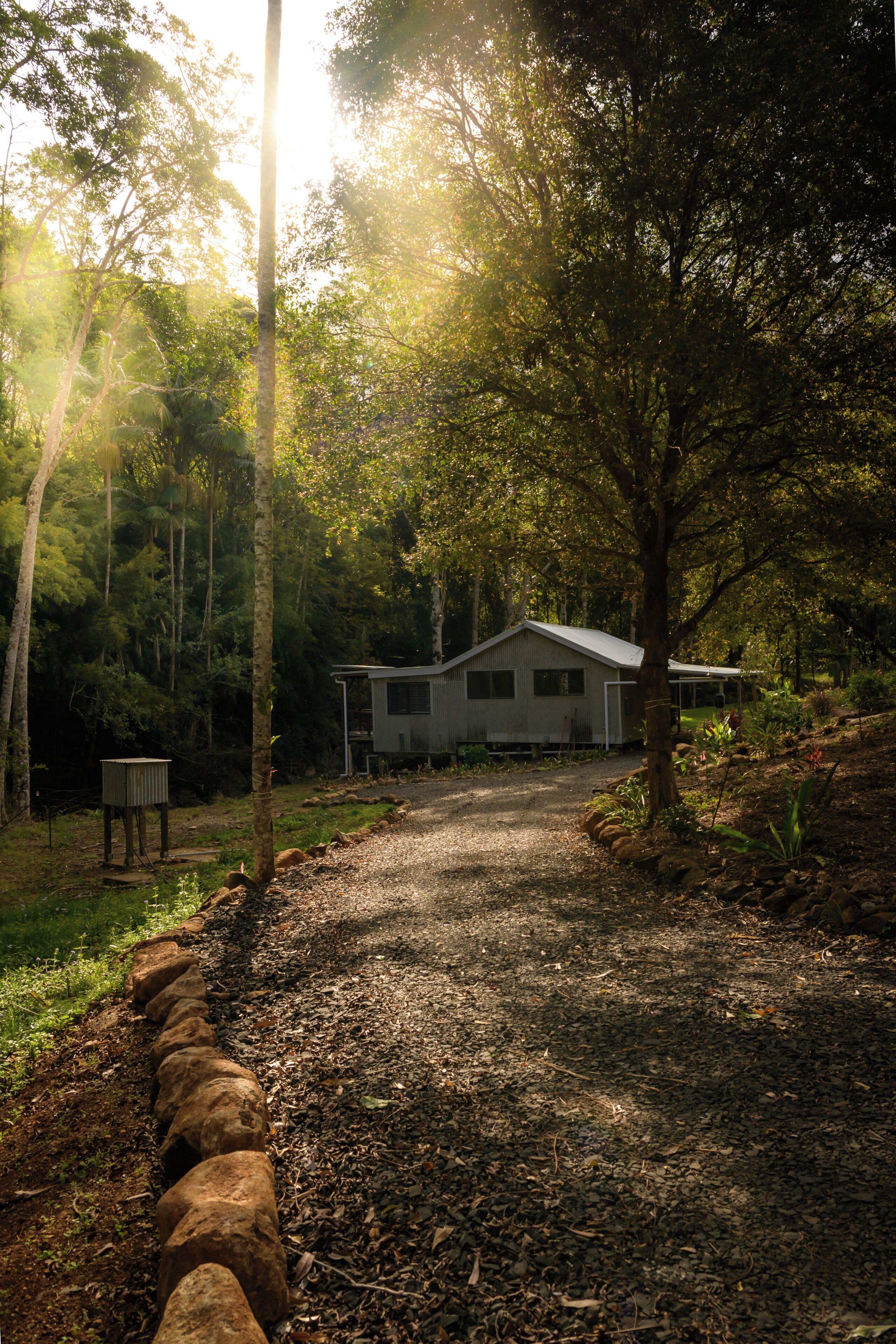 A house with a gravel driveway, surrounded by trees and a wooden fence.
