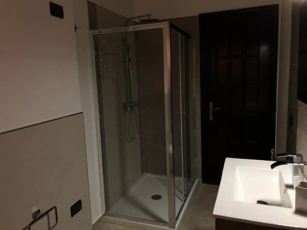 A modern bathroom with a glass-enclosed shower, a white sink, and a dark door.