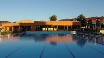 Indoor pool, seasonal outdoor pool, pool umbrellas
