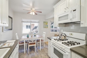 Fridge, microwave, coffee/tea maker, toaster