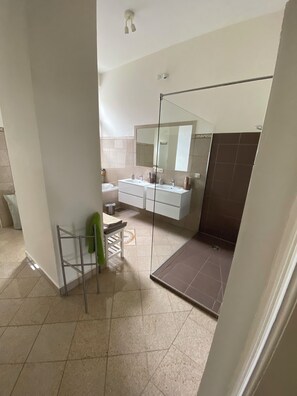 Shower, hair dryer, towels, soap