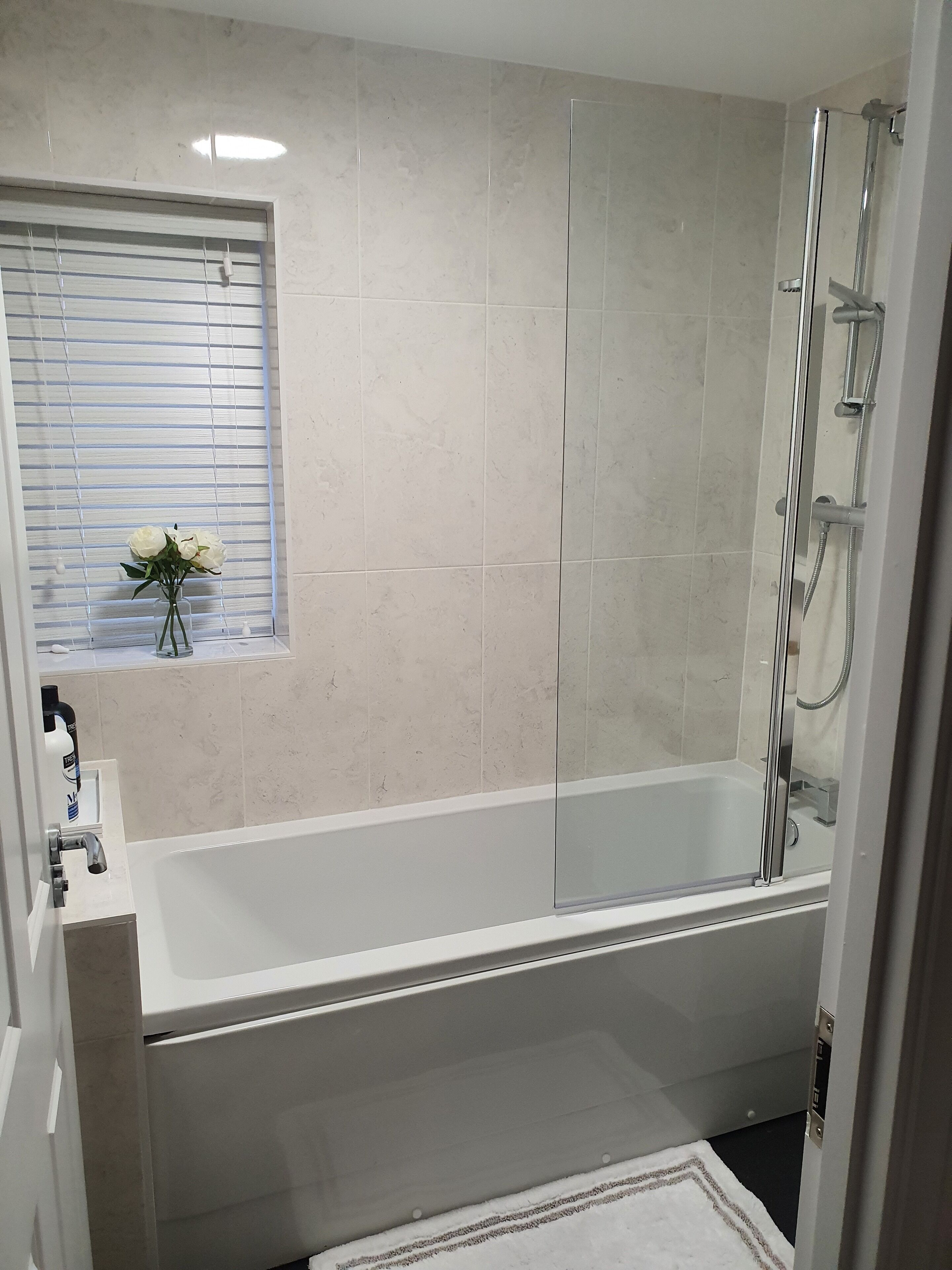 Shower, towels, soap, shampoo