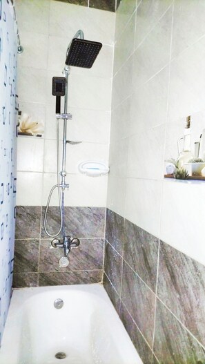 Douche, sèche-cheveux, serviettes fournies, savon