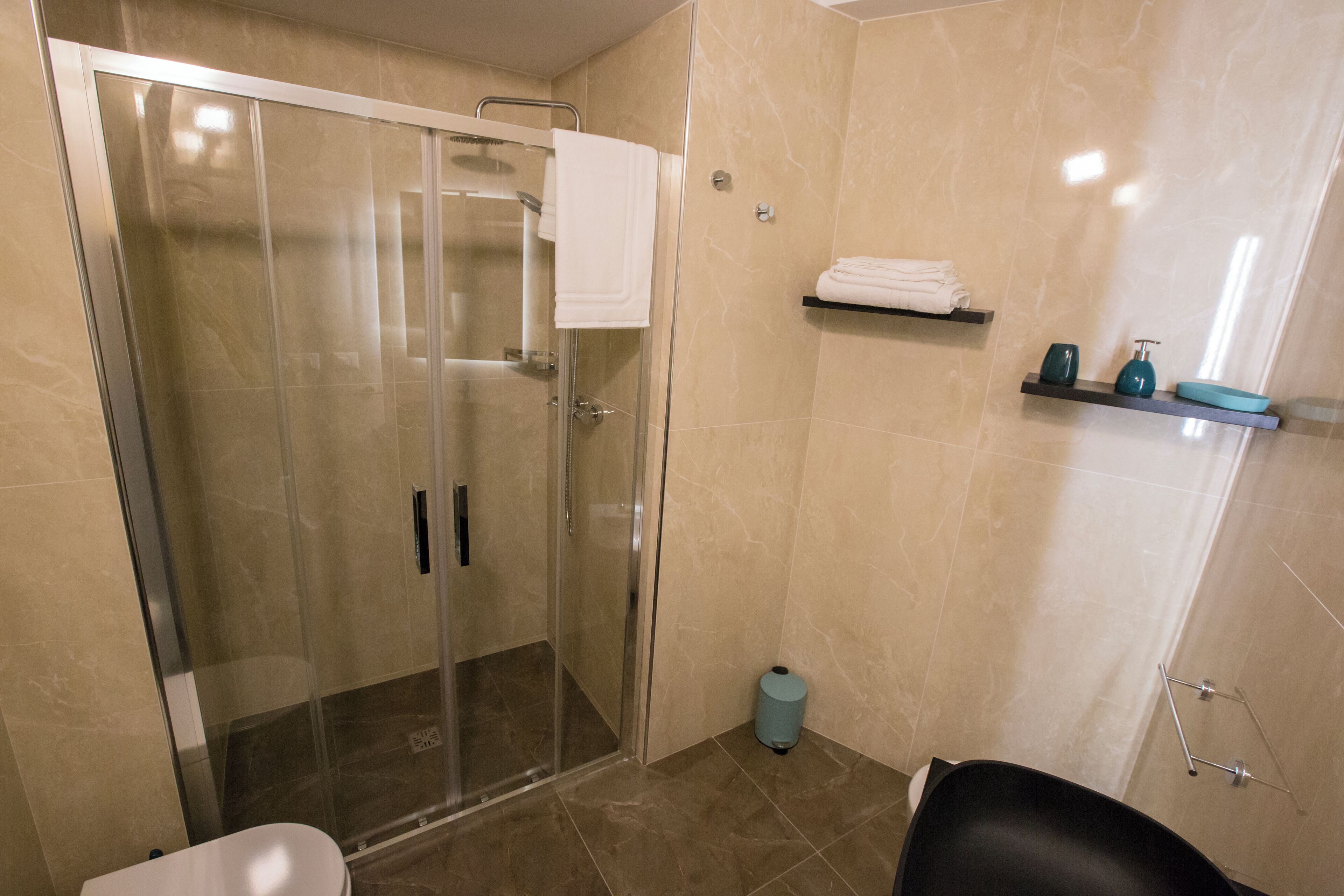 A modern bathroom with a glass-enclosed shower, a toilet, and a sink.