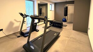 Une salle de sport à domicile équipée d’un tapis de course, de ballons d’exercice et d’un sac de frappe.