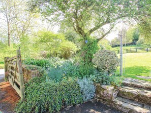 A garden with a wooden gate, various plants, and a stone wall.