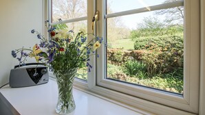 Une fenêtre donnant sur un jardin, avec une radio posée sur une table.
