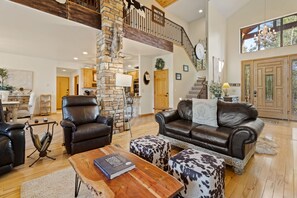 TV, fireplace, books