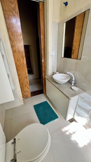 A bathroom with a white sink, a mirror, a toilet, and a wooden door.