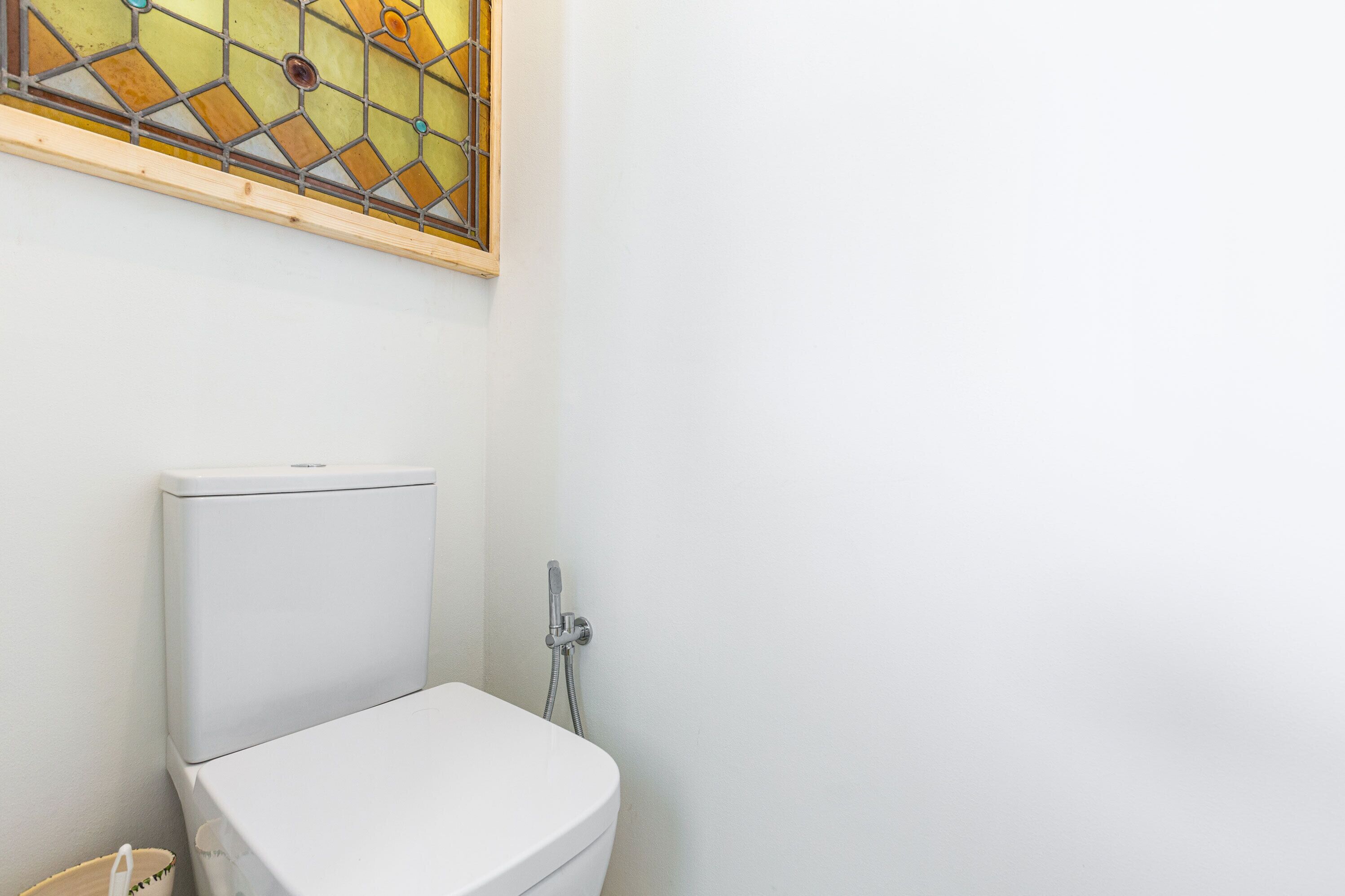 A white toilet with a shower head to the right.