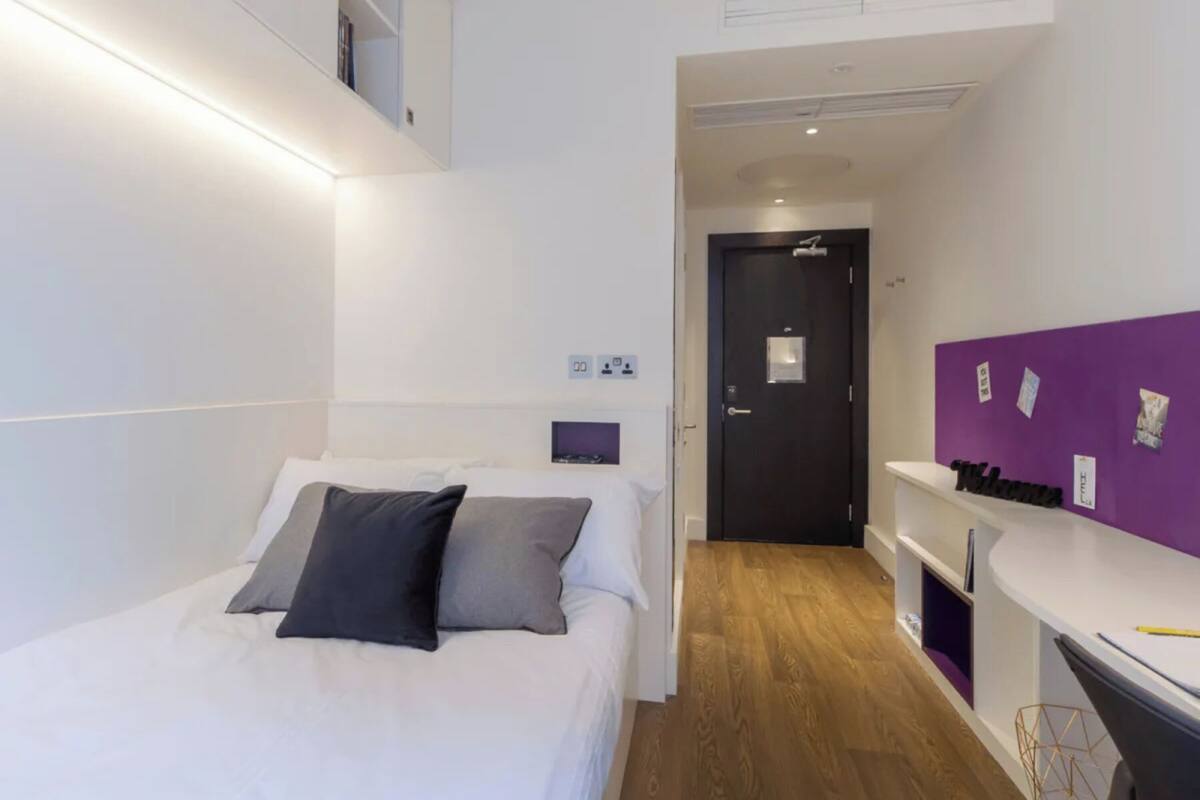 Una habitación de hotel moderna con una cama, un escritorio y una pared de acento color púrpura.