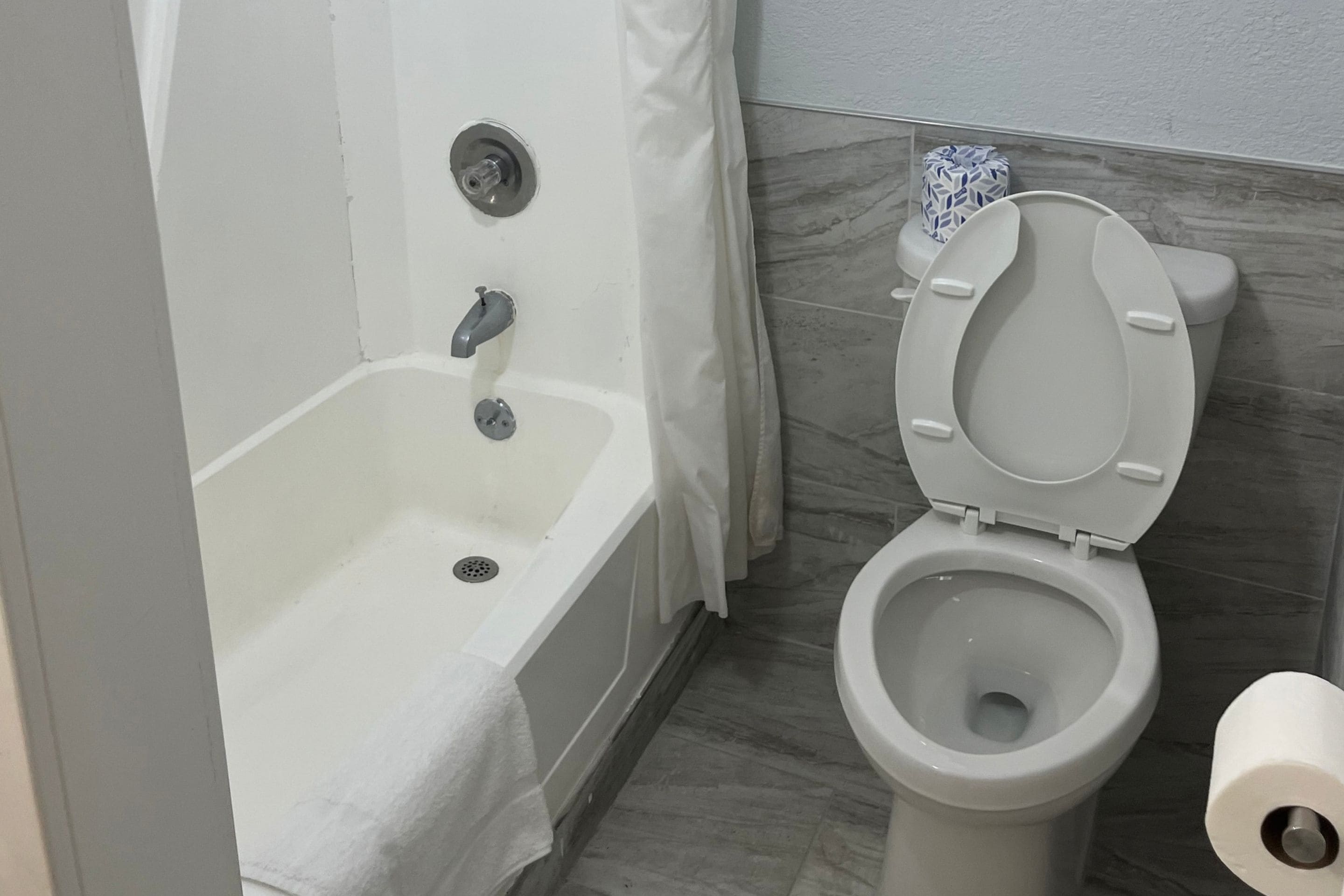 A bathroom with a bathtub, toilet, and a shower curtain.