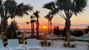 Escena de playa con palmeras, sillas de descanso y una hamaca.