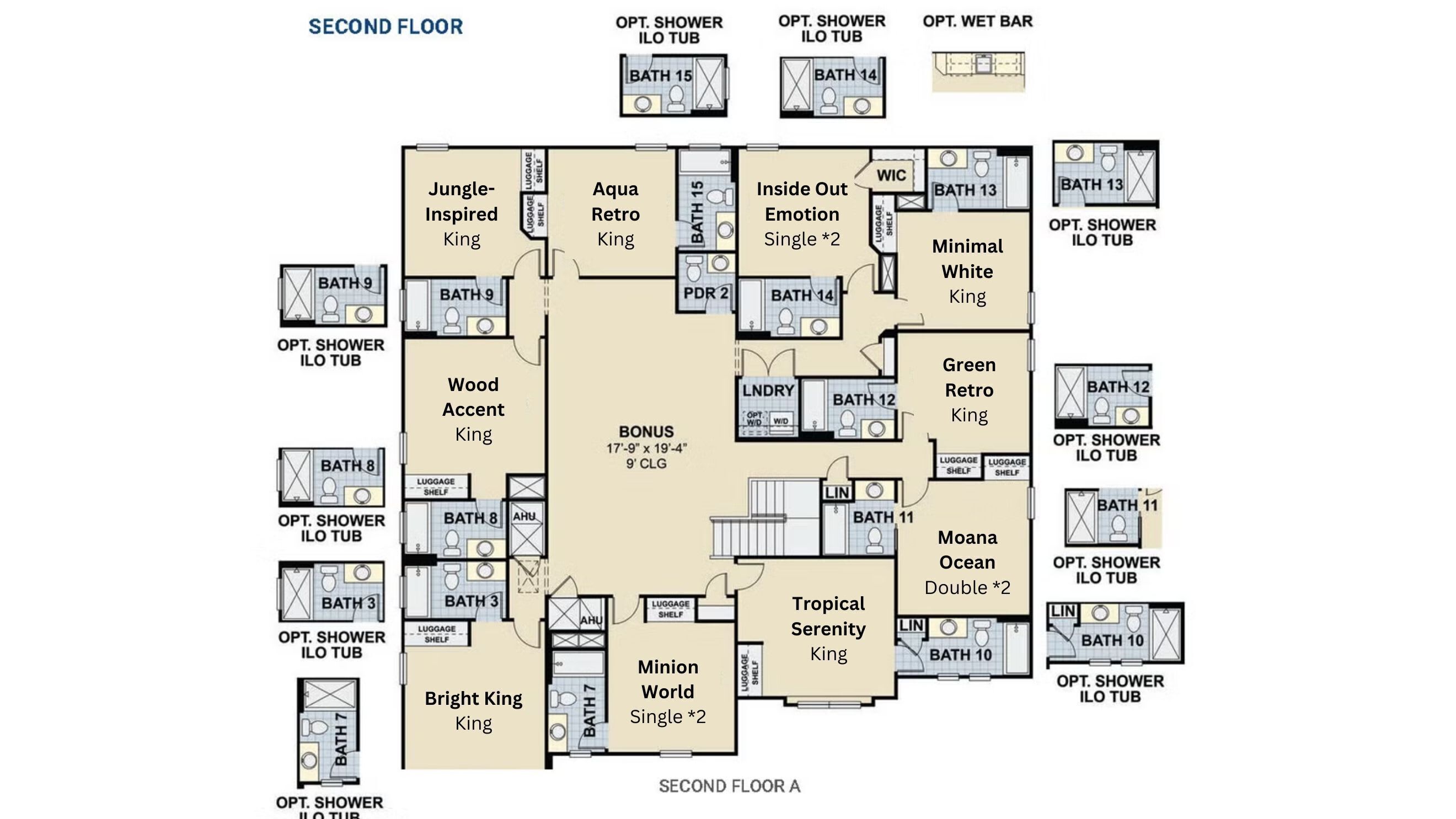 Plano de planta de un hotel con diversas habitaciones temáticas, incluyendo inspiraci ón en la jungla, estilo retro acuático, emociones al revés, blanco minimalista, detalles de madera, estilo retro verde, serenidad tropical, océano Moana, rey luminoso y mundo de Minions.